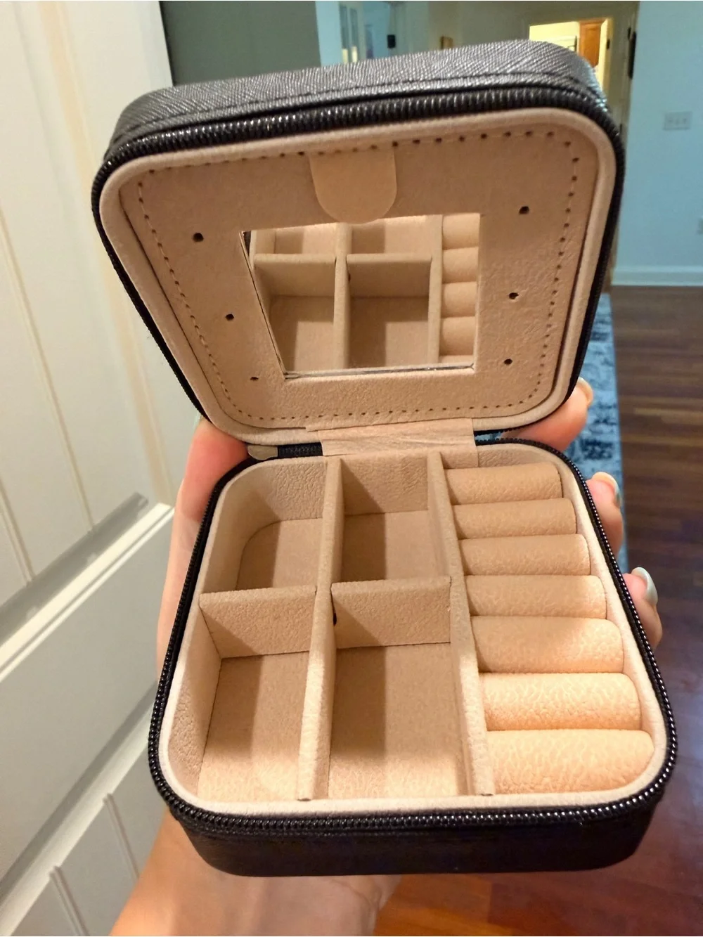 Compact Black Jewelry Organizer Case with Beige Suede Interior